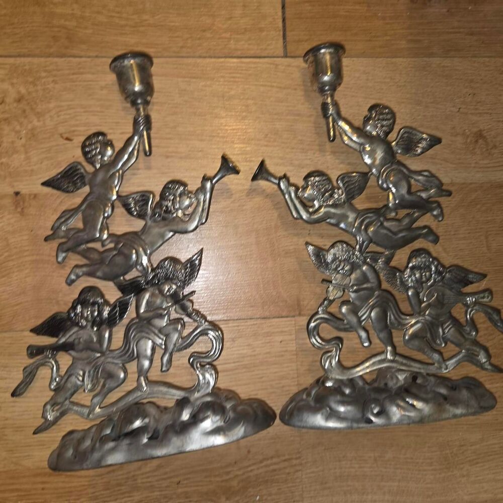 Vtg Godinger Silver Cherub Candlestick Holders Pair - 10.5" Height decor